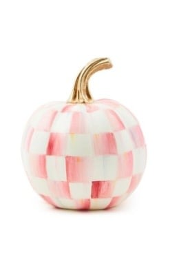 Mini pumpkin with bubblegum pink checkered body, gold leaf stem trim