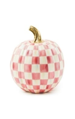Small hand-painted pumpkin with bubblegum pink check pattern and gold leaf stem trim