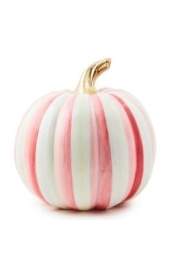 Medium-sized bubblegum pink striped pumpkin decoration with a whimsical fall silhouette.