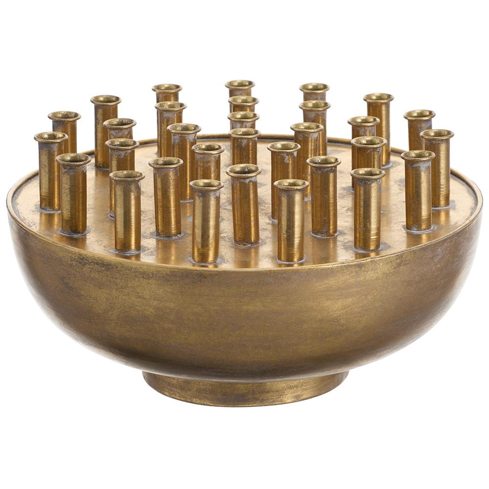 Antique gold metal tulip vase with multiple vertical stem holders in a round bowl base.