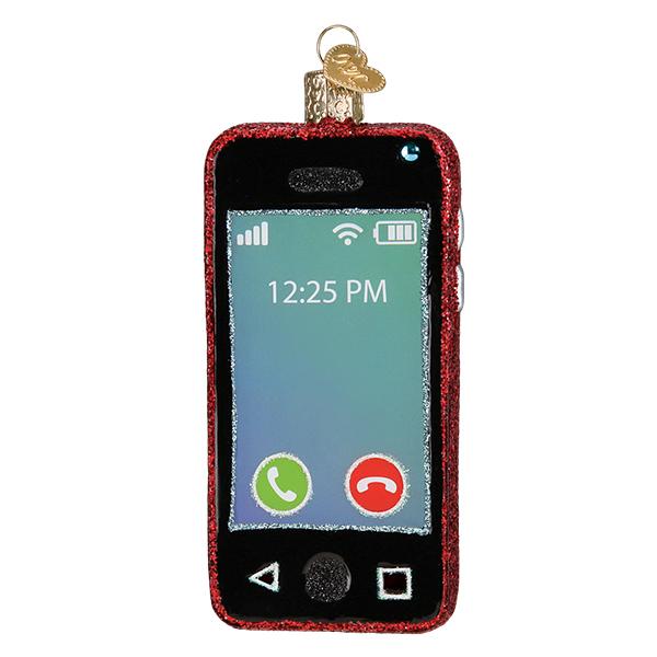 Red glitter smartphone glass ornament with a screen showing 12:25 PM and call icons.