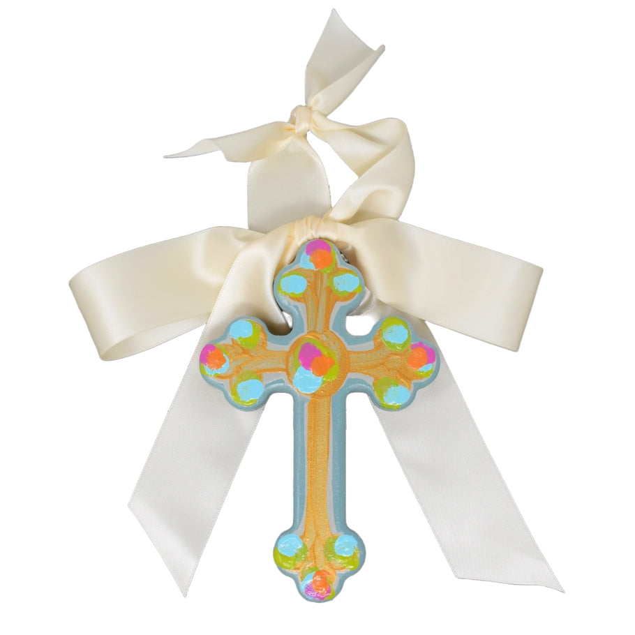 Hand-painted MDF cross with a satin bow top, gold back paint, artist signature.