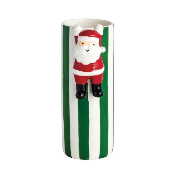 Hand-painted stoneware Bud Vase with hanging Santa attachment in festive holiday colors.