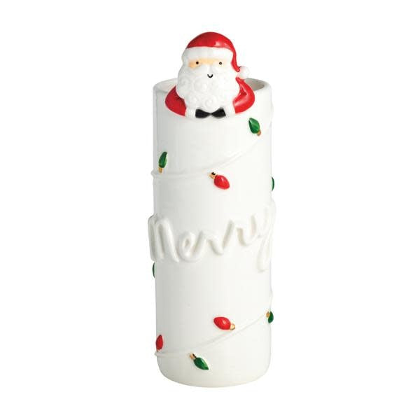 Hand-painted stoneware Bud Vase with hanging Santa attachment in festive red and white tones.