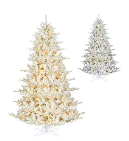 7.5-foot cream flocked artificial Christmas tree with dual-color LED lights in warm white and multicolor.