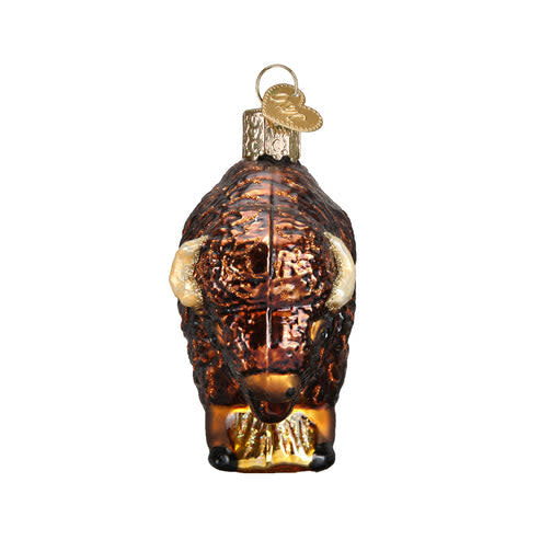 Buffalo ornament with a natural wood finish featuring an engraved buffalo head silhouette.