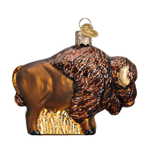 Buffalo ornament with natural wood finish in a standing animal silhouette.