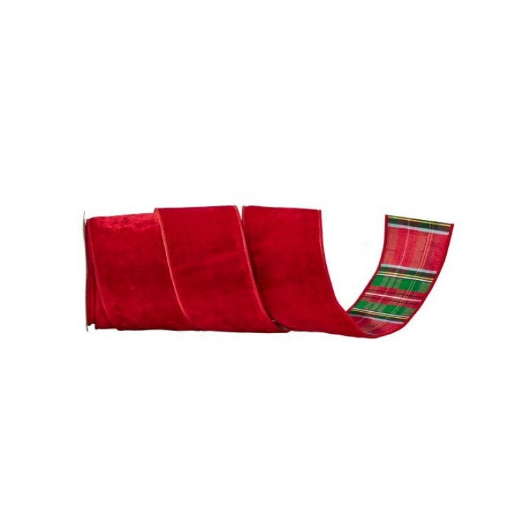 4 inch wide red velvet ribbon with a green and red plaid backing, 10 yards long.