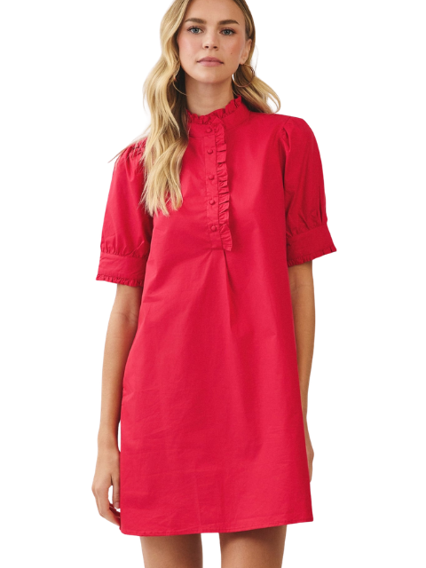 Woman wearing the Adda red short sleeve dress with a ruffled high neck and button-up front.