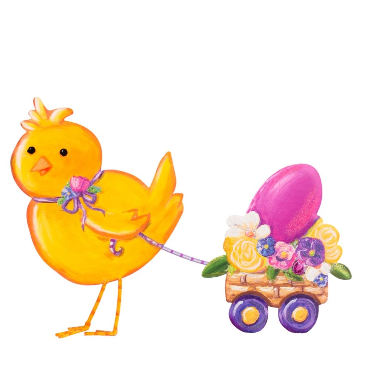 Yellow chick pulling a wagon filled with flowers and a pink Easter egg.