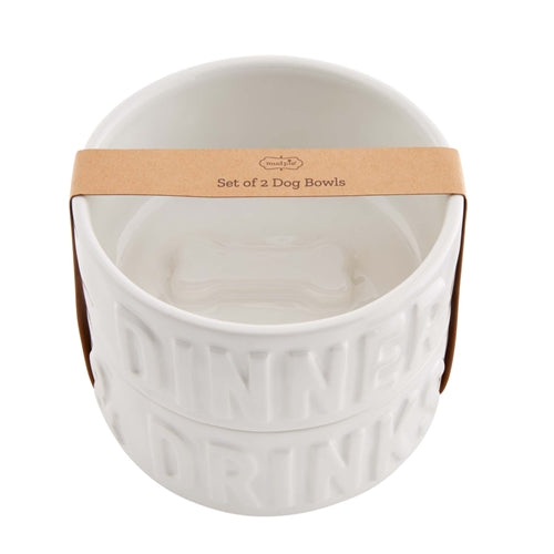 Ceramic dog bowl set with 'Dinner & Drinks' text in a modern font.