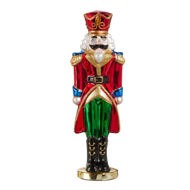 11-inch glass nutcracker soldier ornament in red, green, and gold with a black mustache.