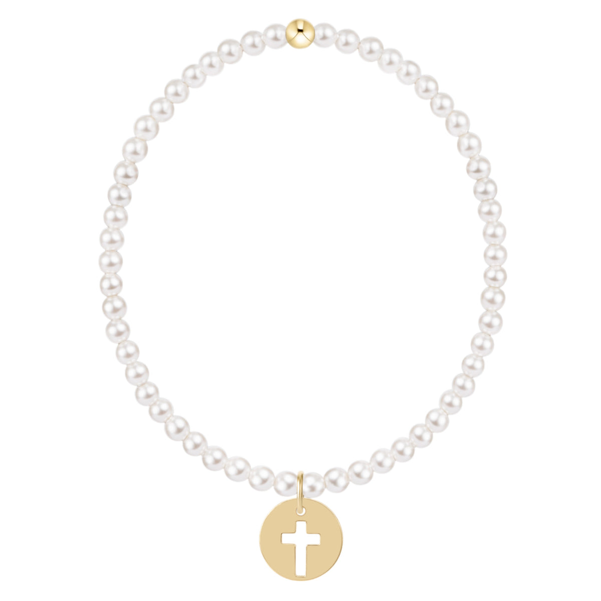 Classic 3mm white pearl bracelet with a gold bead and a gold disc charm featuring a cross cutout.