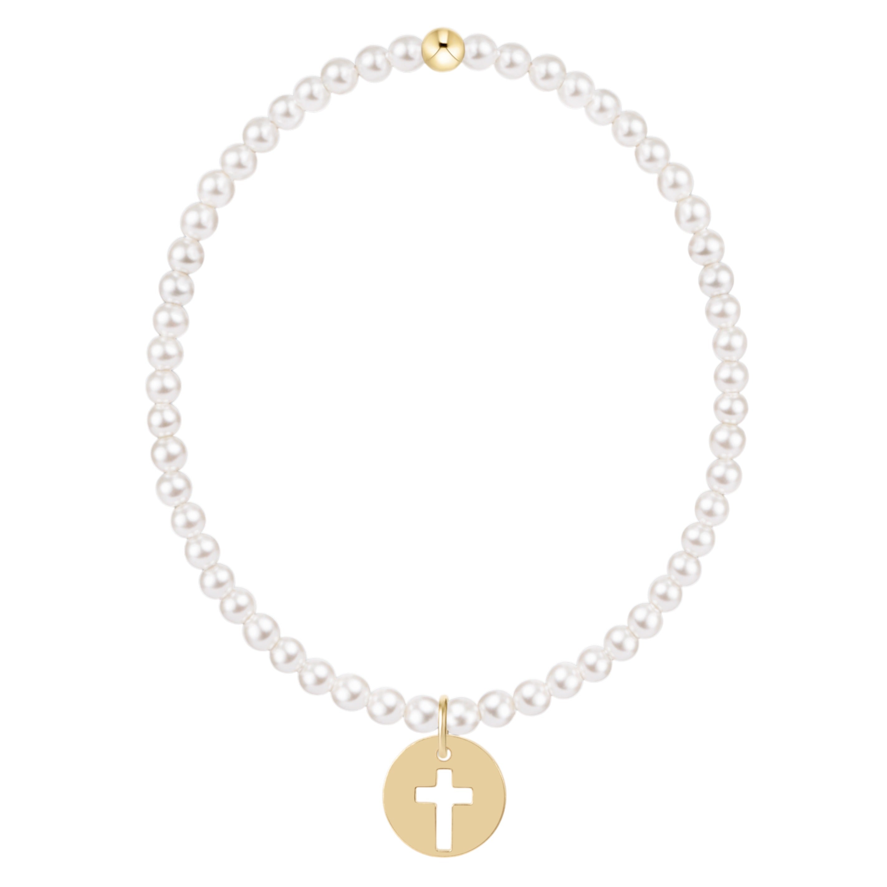 Classic 3mm white pearl bracelet with a gold bead and a gold disc charm featuring a cross cutout.