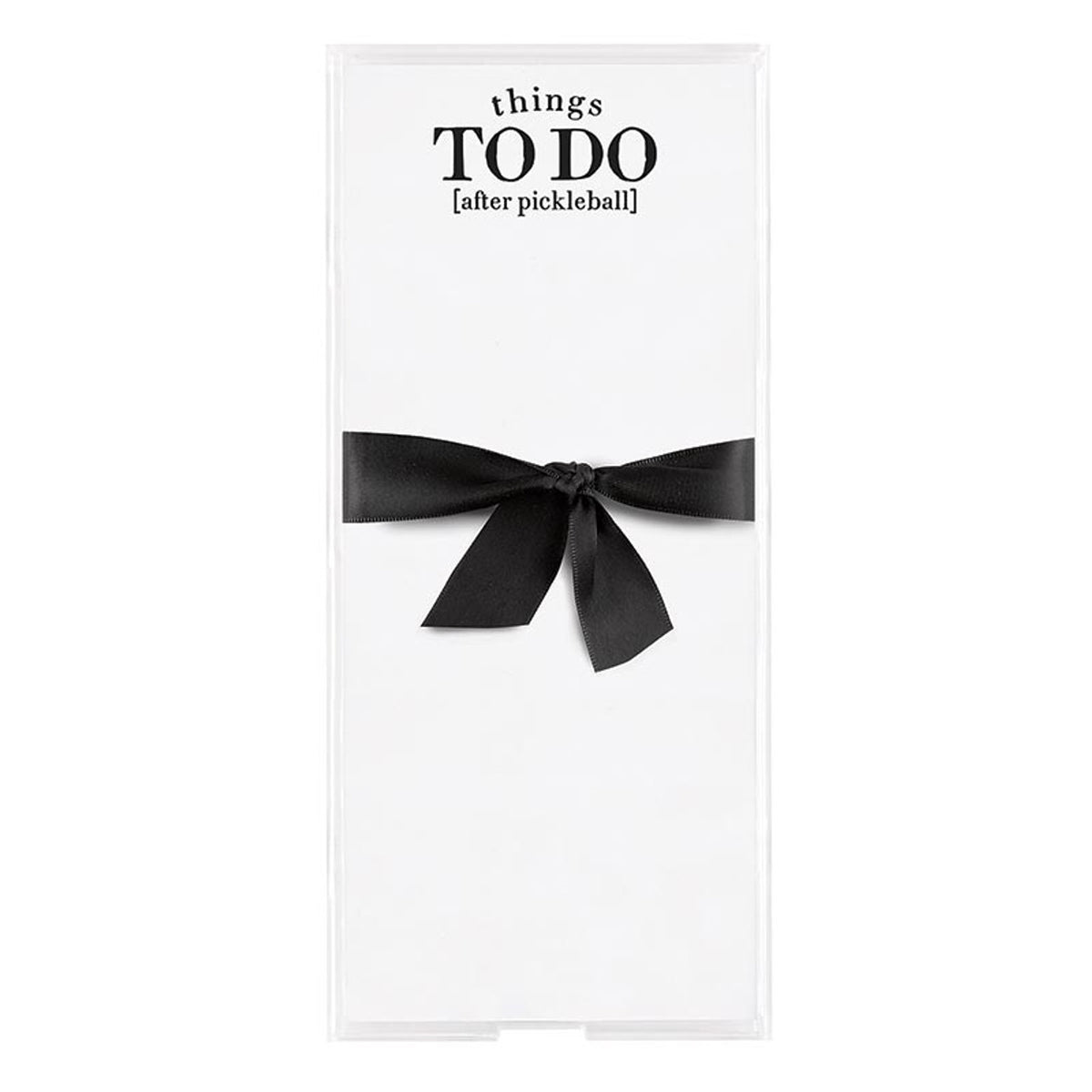 Clear acrylic notepaper tray holding loose leaf card stock inserts with simple messages.