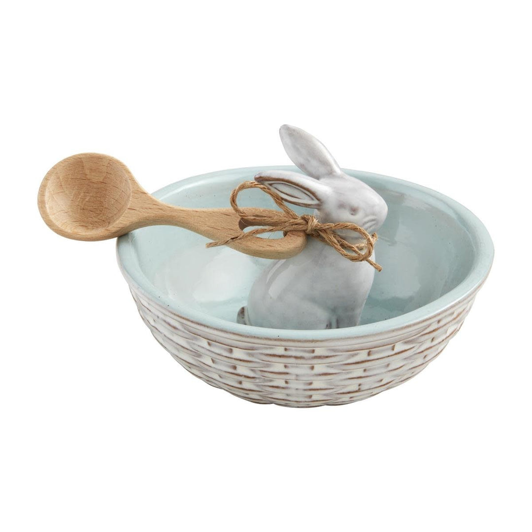 Blue basket weave stoneware candy bowl with center bunny figurine and wooden scoop