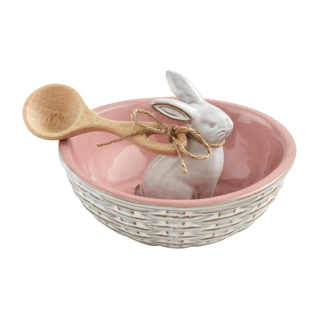 Pink basket weave stoneware candy bowl with center bunny figurine and wooden scoop
