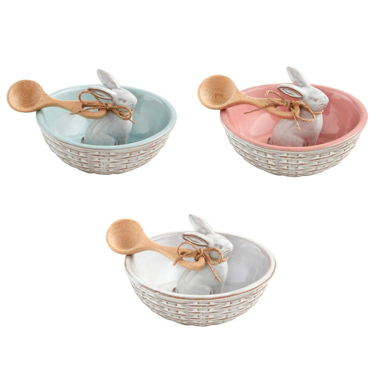 Basket weave stoneware candy bowl with center bunny figurine and wooden scoop
