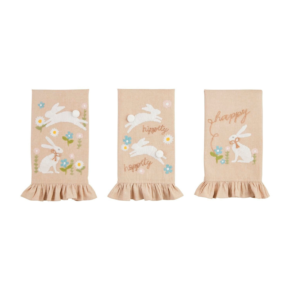 Chambray hand towel with embroidered bunny, ruffle hem, and pom embellishments.