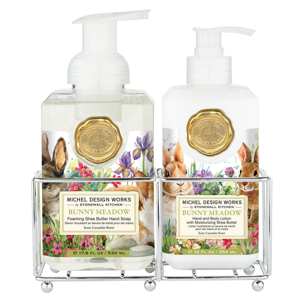 Hand Care Caddy containing foaming hand soap and lotion bottles.