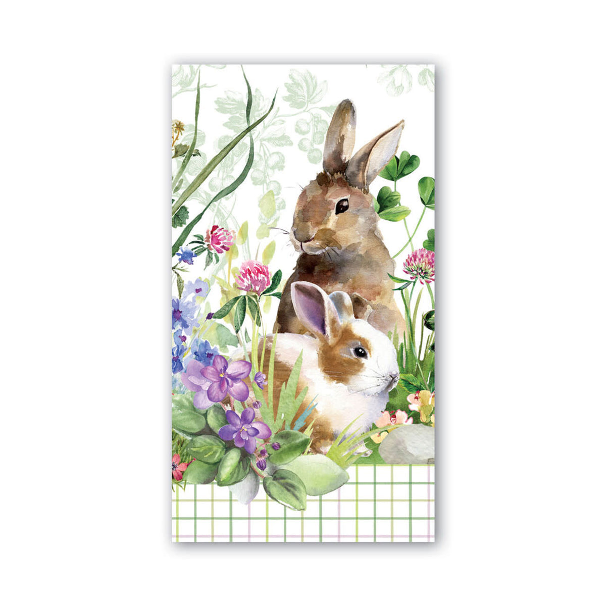 Packaged Hostess napkins in bunny meadow print with folded dimensions.