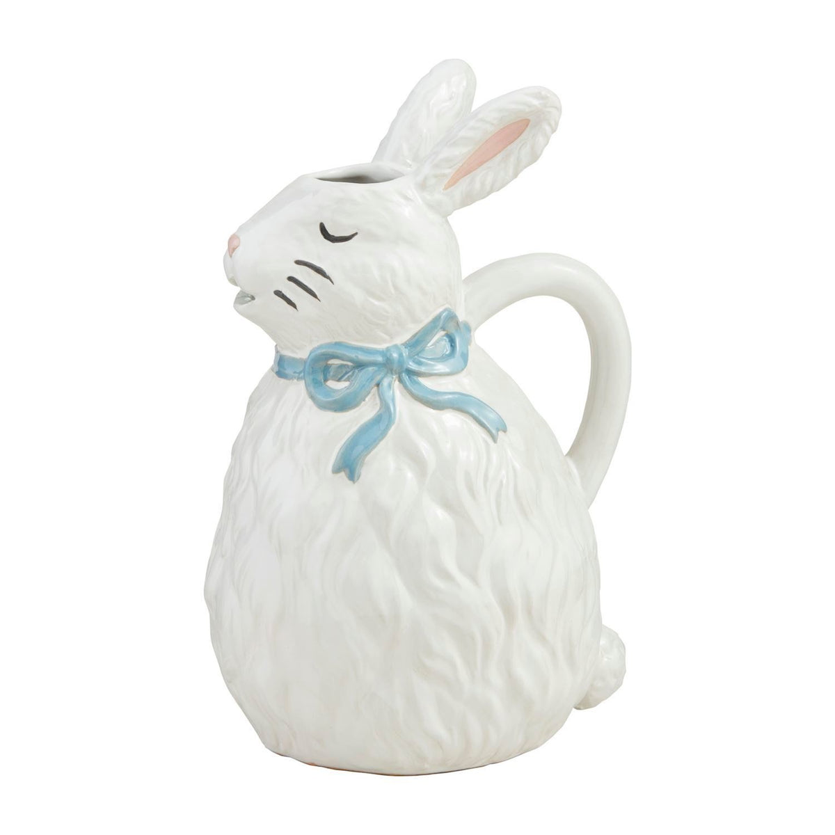 Hand-painted stoneware bunny pitcher with a white ceramic body.