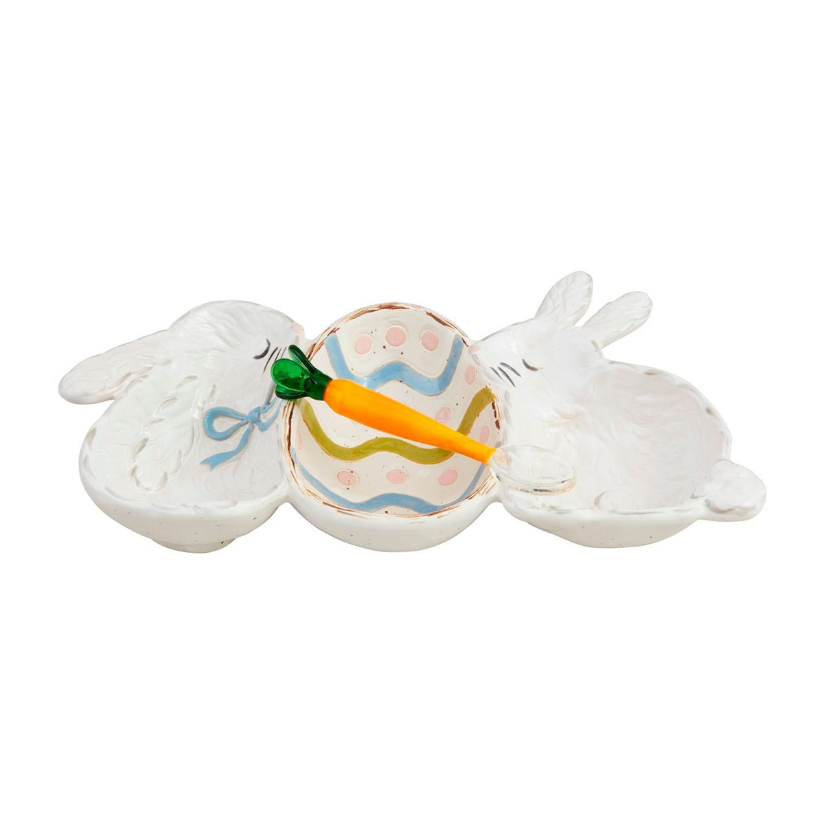 Hand-painted stoneware triple dip dish with glass carrot spoon