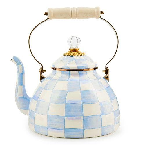 Hand-glazed steel tea kettle with Sky Blue Checks pattern on a wood handle.