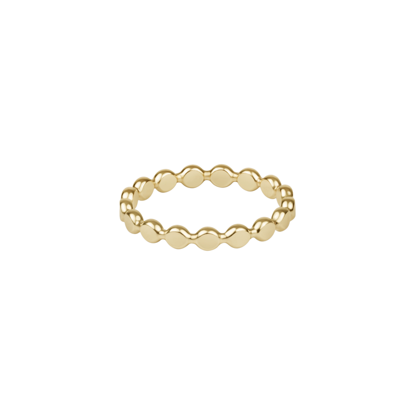 Classic gold 2.5mm beaded disc ring featuring a continuous band of small polished circular discs.