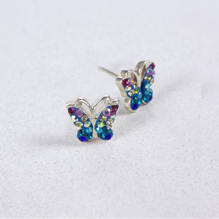 Sterling silver butterfly stud earrings featuring Austrian crystals in a delicate wing pattern