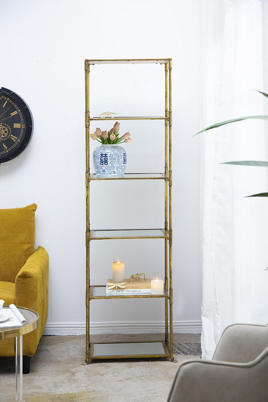 Perisa Mirror Shelf: a rectangular wall-mounted unit with a reflective mirror back panel and open shelving.