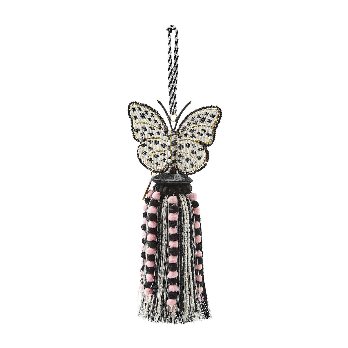 Handmade glass beaded butterfly tassel with wire-fringed skirt and pom-pom accents in clear tones.