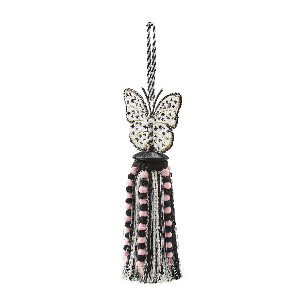 Handmade glass beaded butterfly tassel with wire-fringed skirt and cascading pom-poms.