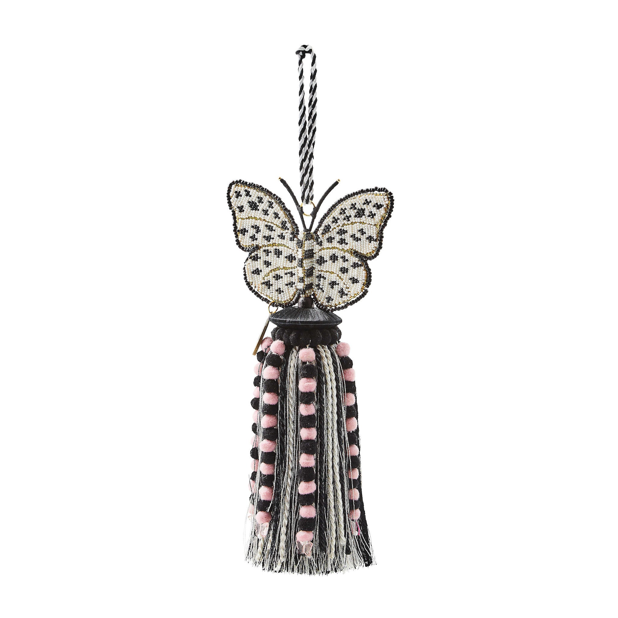 Handmade butterfly beaded tassel with glass beads, wire frame, metal accents, and cascading pom-poms on a fringed skirt.