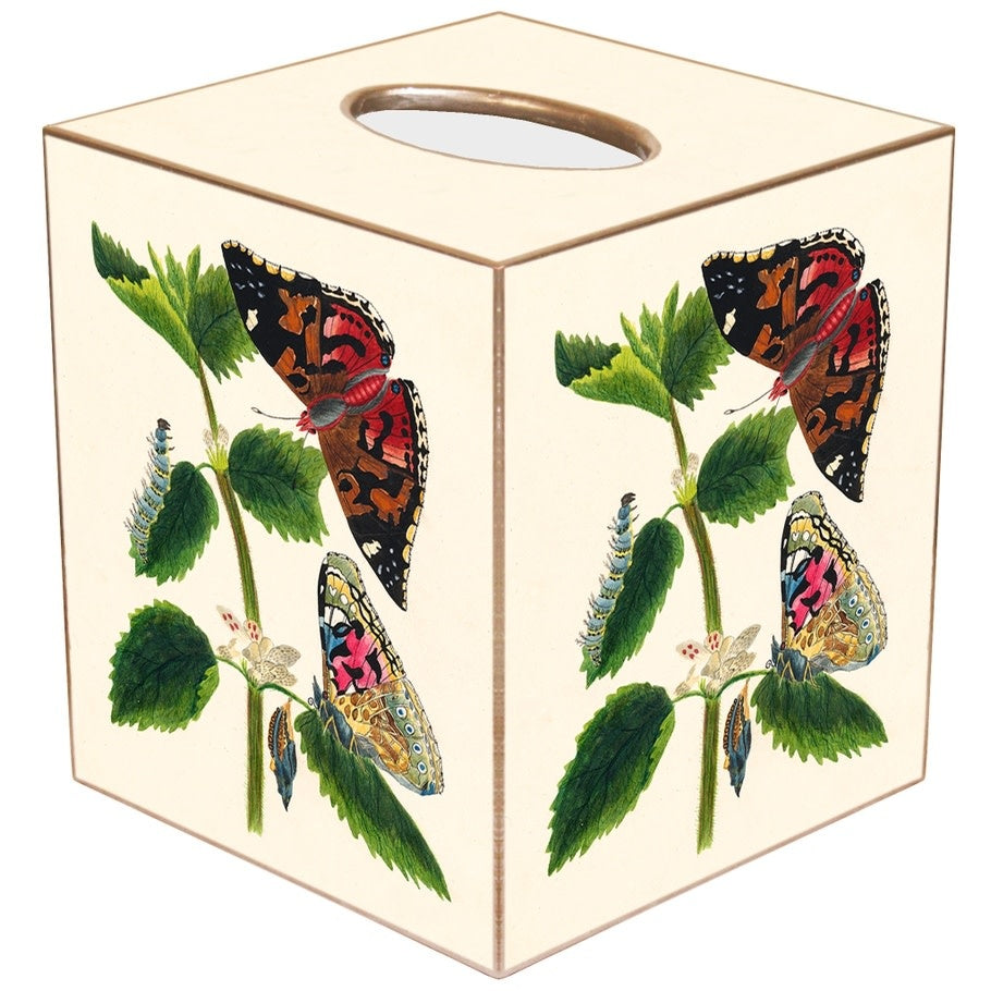 Handcrafted paper mache tissue box cover with butterfly bloom decoupage pattern in gold and silver accents.
