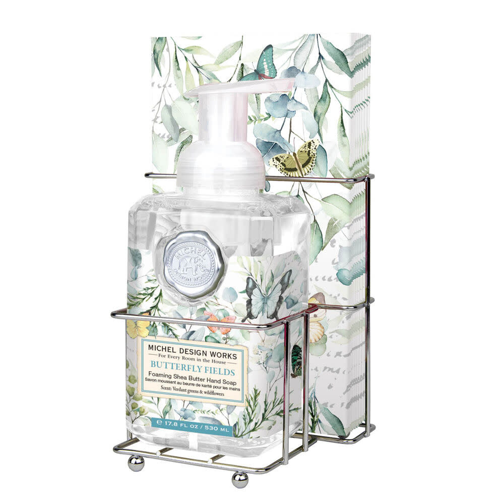 Foaming soap napkin set with butterfly fields branding on a white bottle.
