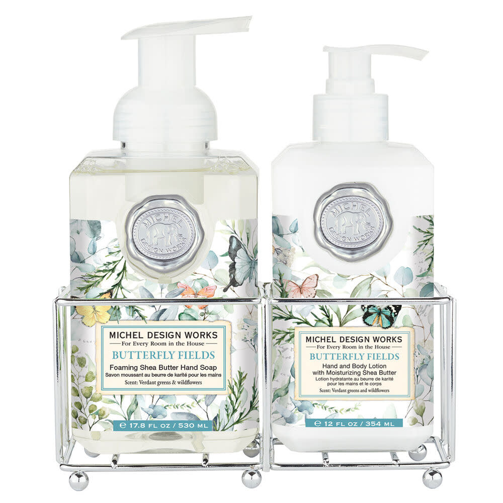 Hand Care Caddy containing foaming hand soap and lotion bottles.