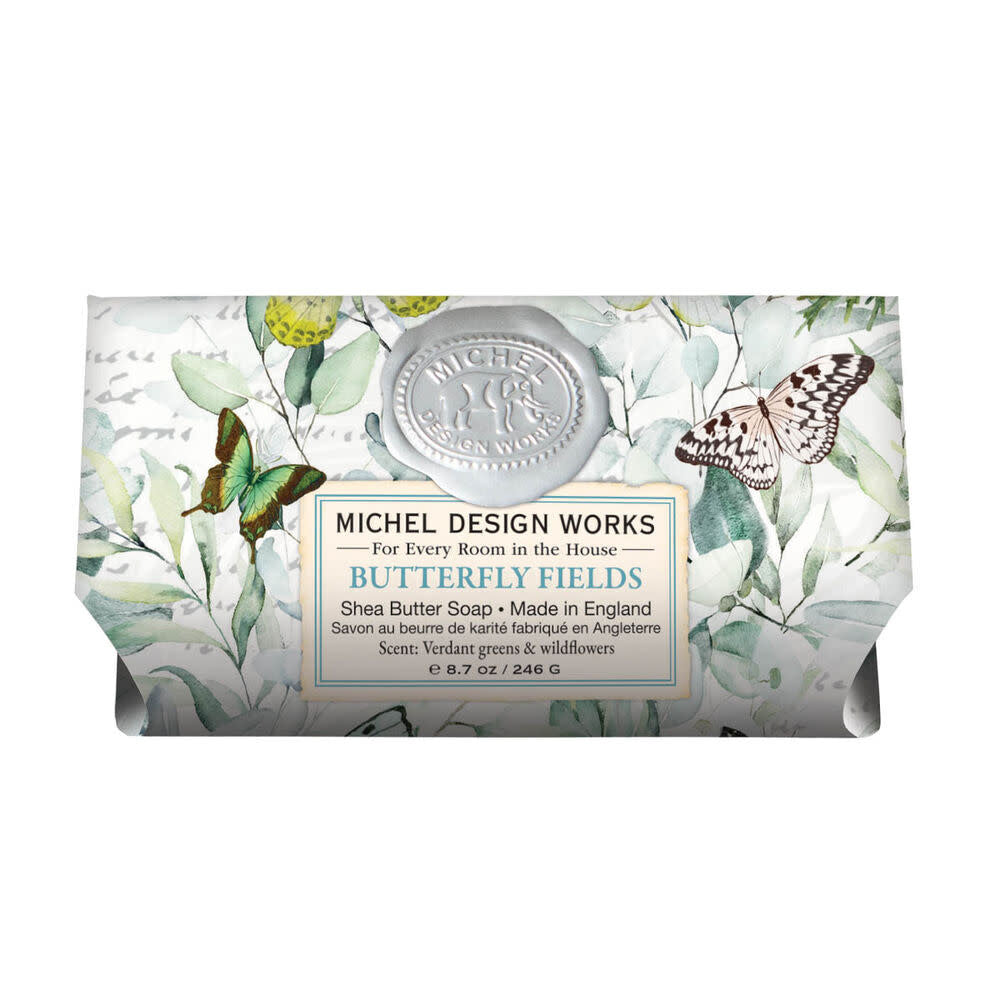Large bath soap bar with a butterfly field floral pattern in natural tones.
