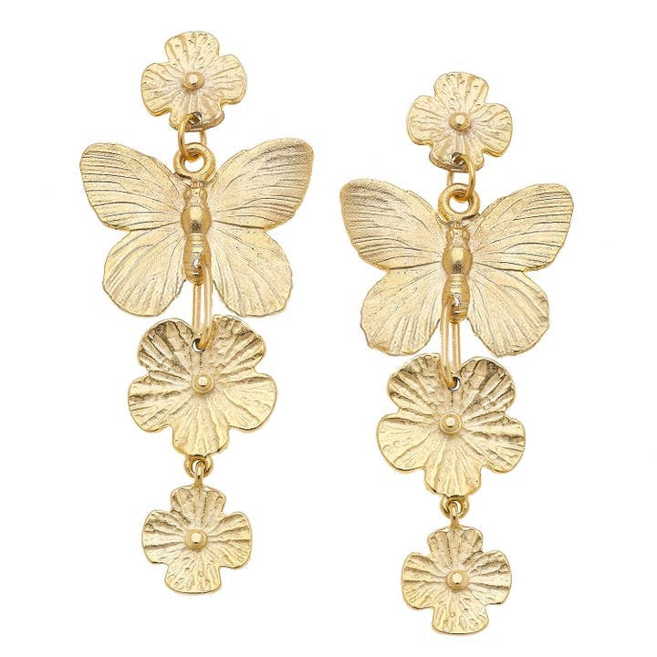 Handcast gold tier earrings featuring multi-butterfly and floral silhouettes.