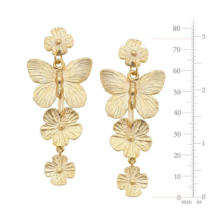 Handcast gold tier earrings featuring multi-butterfly and floral silhouettes.