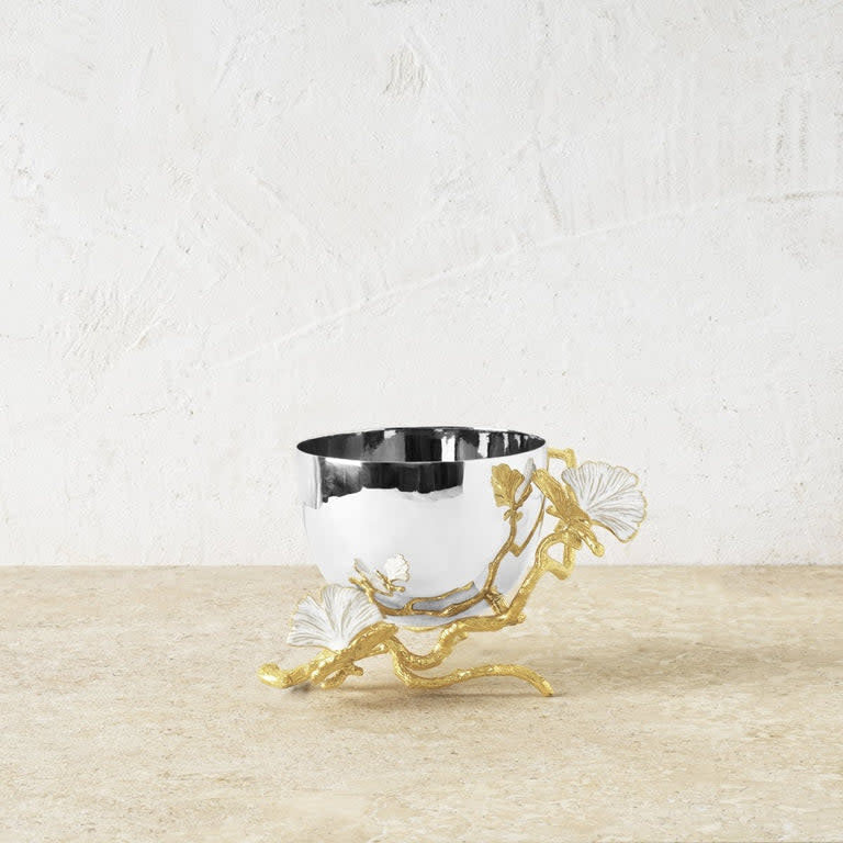 Butterfly Ginkgo Gold bowl with white enamel butterflies on oxidized brass and stainless steel.