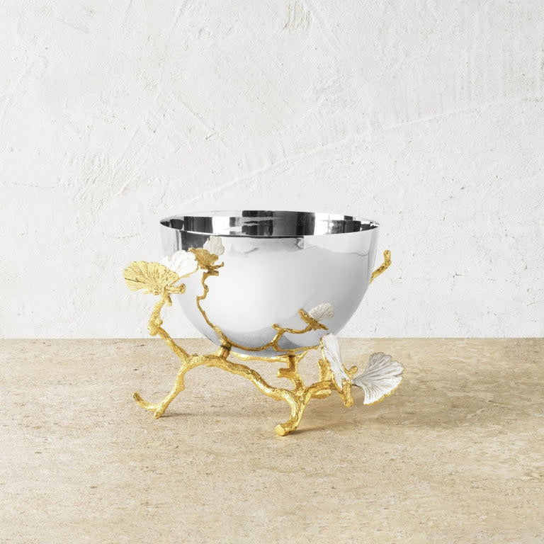 Butterfly Ginkgo gold bowl with white enamel butterflies on oxidized brass and stainless steel.