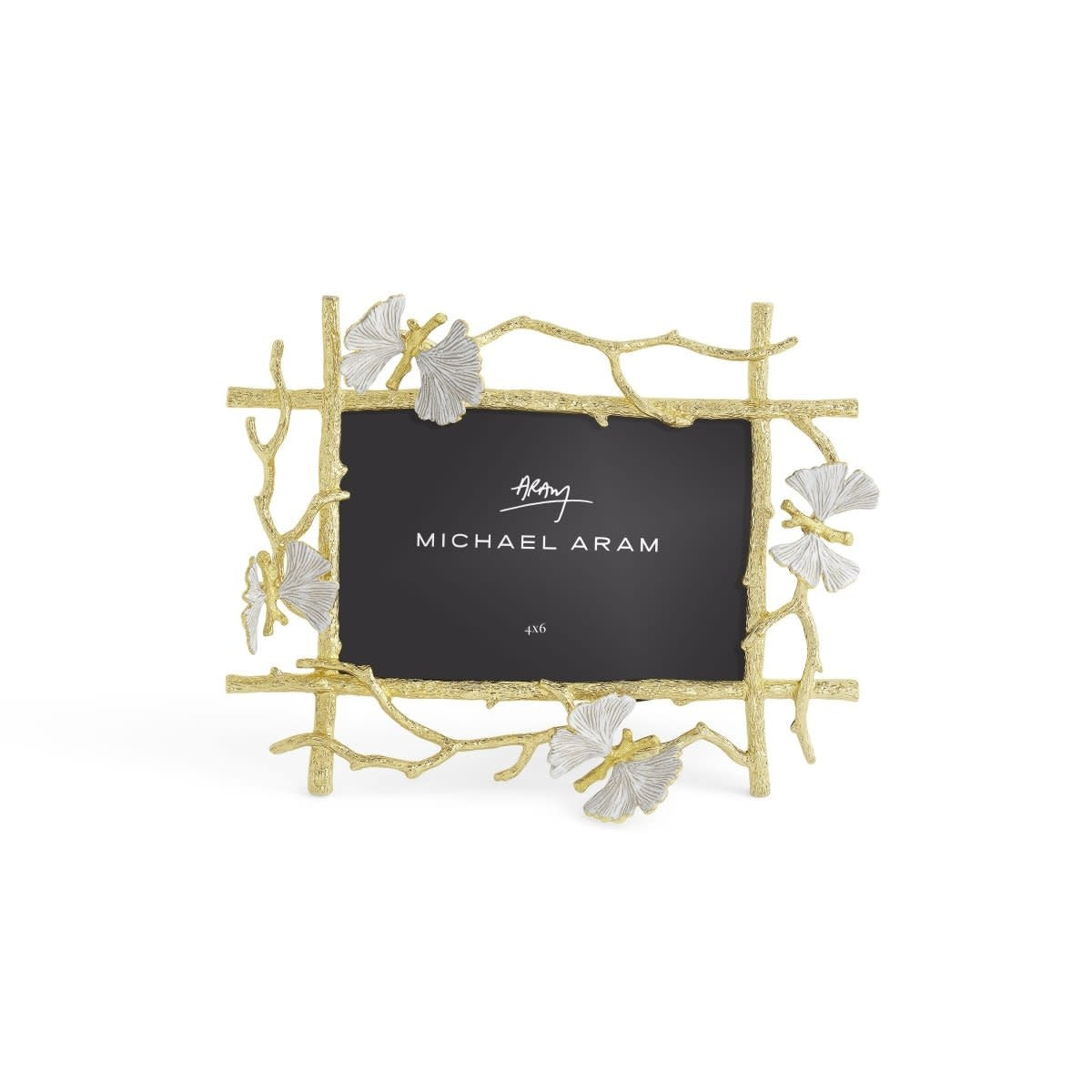 Goldtone brass frame with white enamel finish shaped like a butterfly ginkgo tree silhouette.
