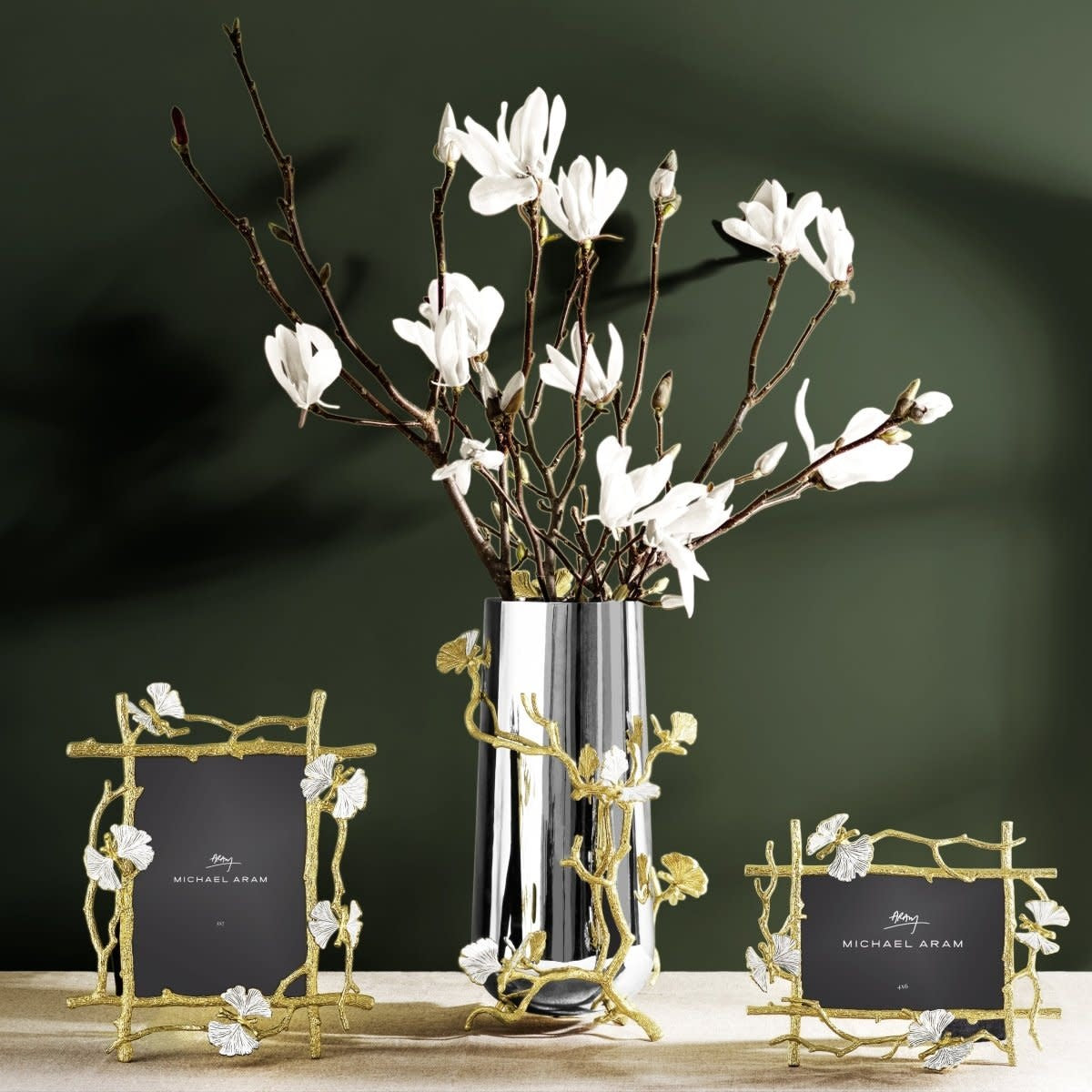 Solid brass gold frame shaped like a butterfly ginkgo tree with white enamel finish