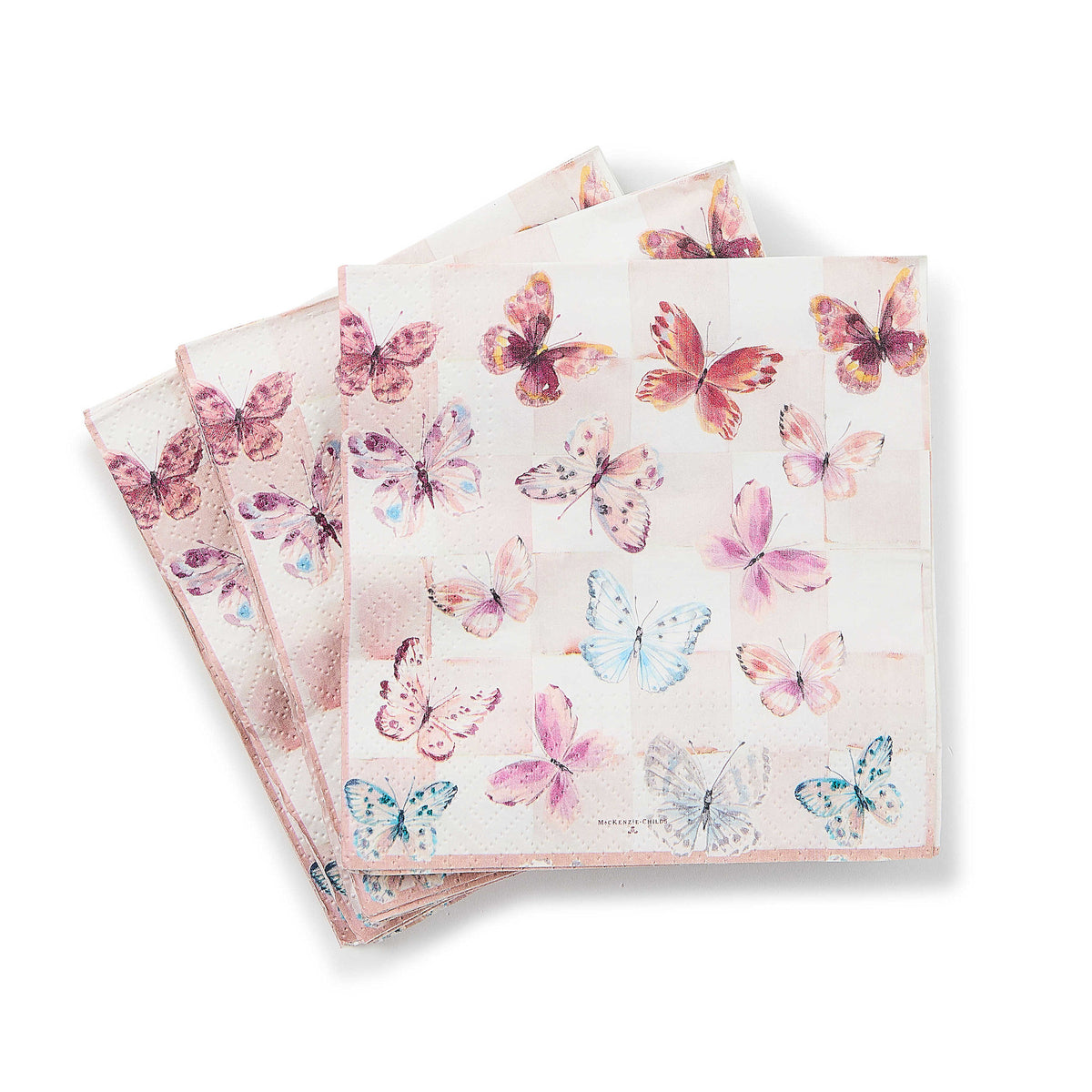 Butterfly Hill cocktail napkins in white triple-ply paper with a subtle butterfly pattern.