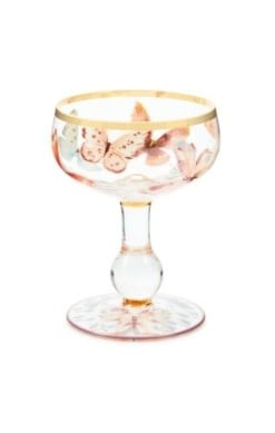 Hand-painted coupe glass with gold lustre accents and butterfly decals on clear glass.