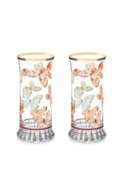 Hand-decorated Butterfly Hill highball glass with gold lustre accents and hand-painted butterfly decals.