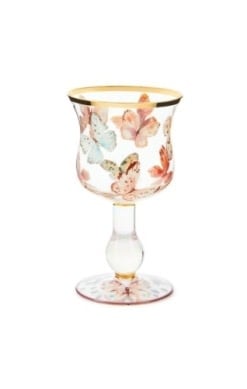 Hand-decorated Butterfly Hill wine glass with gold lustre accents on a clear stemware silhouette.