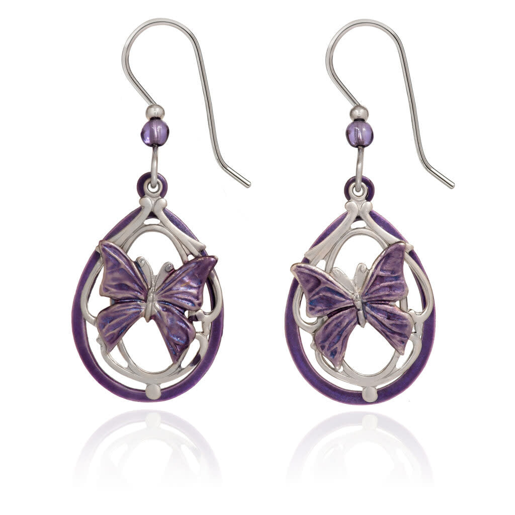 Handcrafted surgical steel butterfly earrings with fish hook backs in silver tone.
