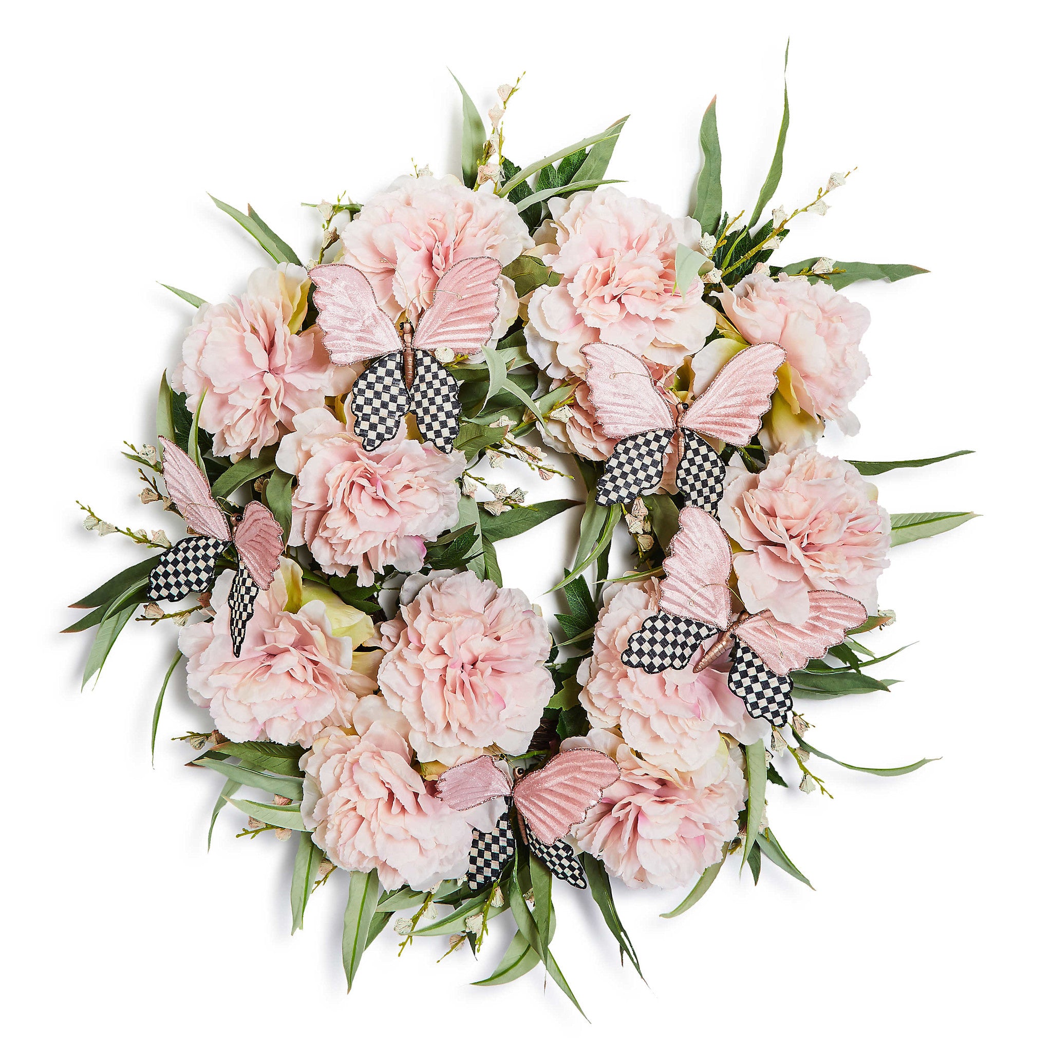 Pink peony wreath with butterfly accents on natural base